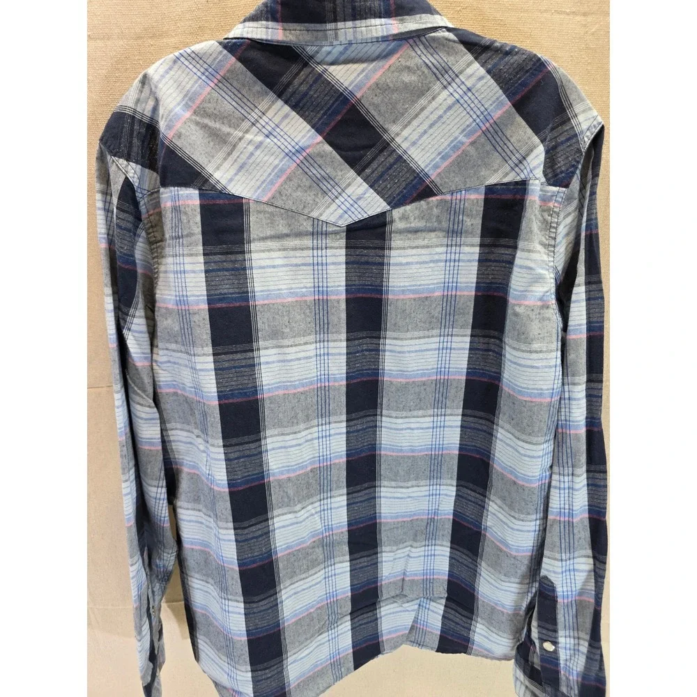 Levis Mens Western Pearl Snap Shirt Blue Plaid Long Sleeve Standard Fit Medium